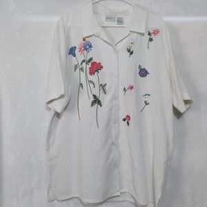 Koret Francisca White Floral Embroidered Button Shirt Womens‎ 18 W Vintage V